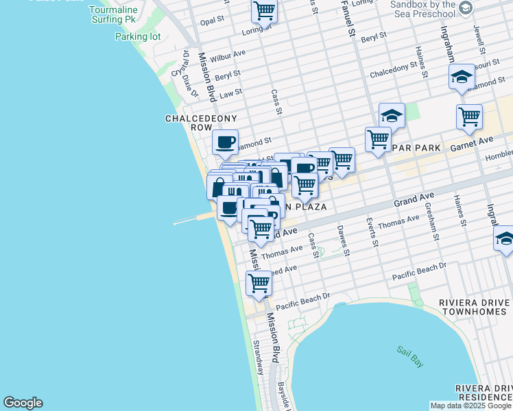 map of restaurants, bars, coffee shops, grocery stores, and more near 4465 Mission Boulevard in San Diego