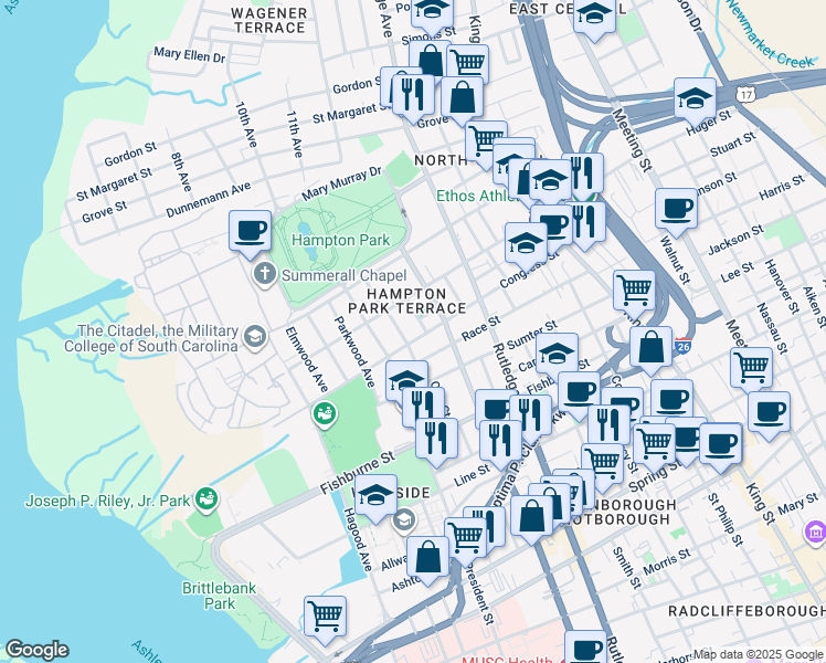 map of restaurants, bars, coffee shops, grocery stores, and more near 217 Congress Street in Charleston
