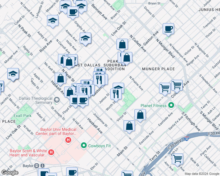 map of restaurants, bars, coffee shops, grocery stores, and more near in Dallas