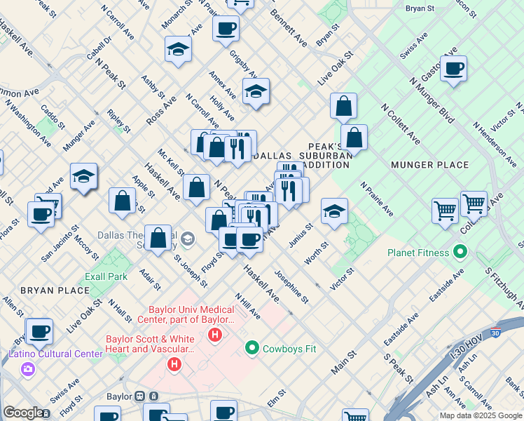 map of restaurants, bars, coffee shops, grocery stores, and more near 918 North Peak Street in Dallas