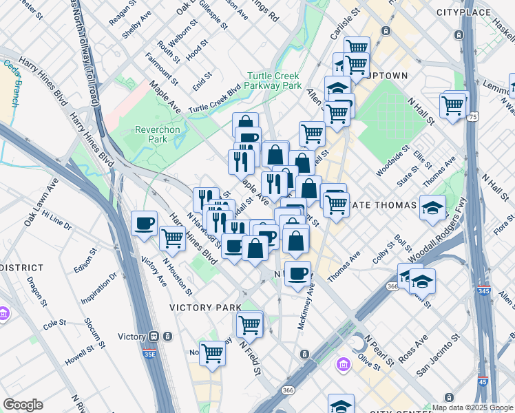 map of restaurants, bars, coffee shops, grocery stores, and more near 2826 Bookhout Street in Dallas