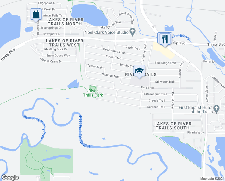 map of restaurants, bars, coffee shops, grocery stores, and more near 8649 Creede Trail in Fort Worth
