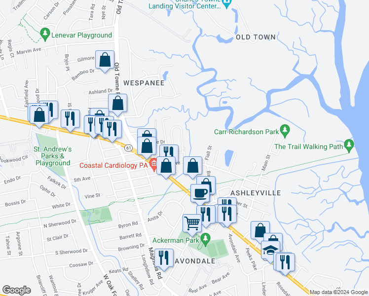 map of restaurants, bars, coffee shops, grocery stores, and more near 1042 5th Avenue in Charleston