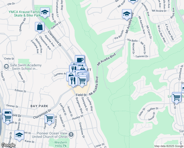 map of restaurants, bars, coffee shops, grocery stores, and more near 2995 Cowley Way in San Diego