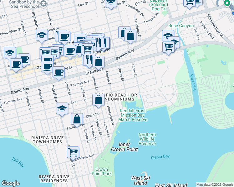 map of restaurants, bars, coffee shops, grocery stores, and more near in San Diego
