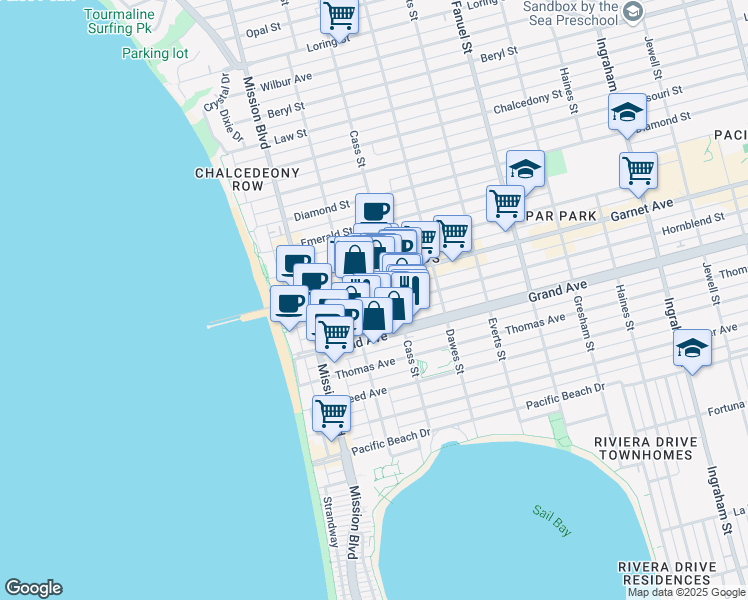 map of restaurants, bars, coffee shops, grocery stores, and more near 959 Hornblend Street in San Diego