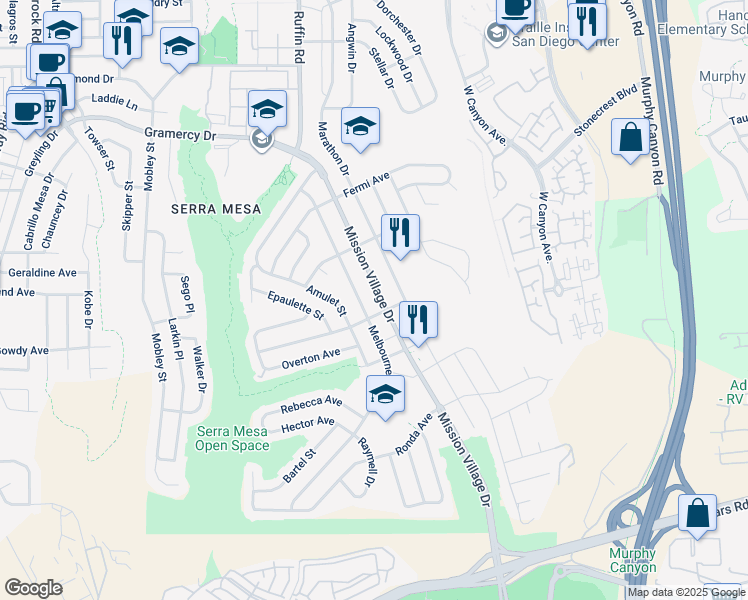 map of restaurants, bars, coffee shops, grocery stores, and more near 2828 Mission Village Drive in San Diego