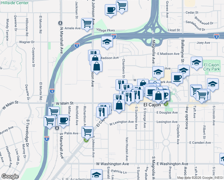 map of restaurants, bars, coffee shops, grocery stores, and more near 180 Chambers Street in El Cajon