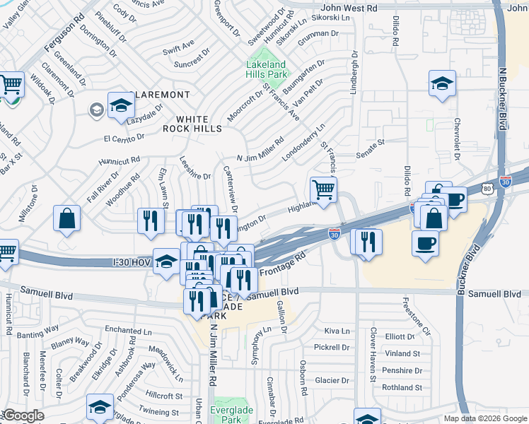 map of restaurants, bars, coffee shops, grocery stores, and more near 3218 Sharpview Lane in Dallas