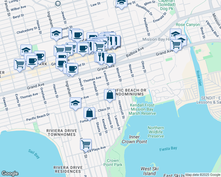 map of restaurants, bars, coffee shops, grocery stores, and more near 1875 Oliver Avenue in San Diego