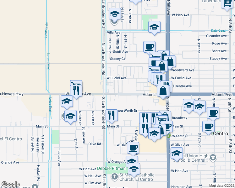 map of restaurants, bars, coffee shops, grocery stores, and more near 1725 West Adams Avenue in El Centro