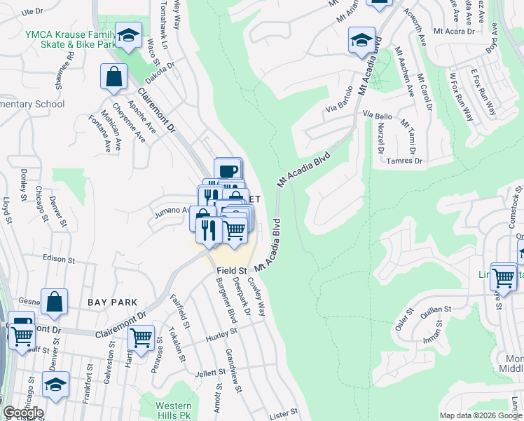 map of restaurants, bars, coffee shops, grocery stores, and more near 2939 Cowley Way in San Diego