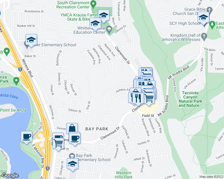 map of restaurants, bars, coffee shops, grocery stores, and more near 4722 Jumano Avenue in San Diego