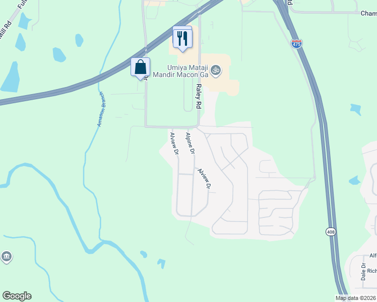 map of restaurants, bars, coffee shops, grocery stores, and more near 128 Alview Drive in Macon