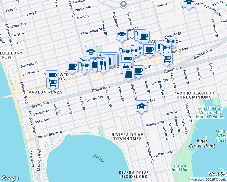 map of restaurants, bars, coffee shops, grocery stores, and more near 1421 Thomas Avenue in San Diego