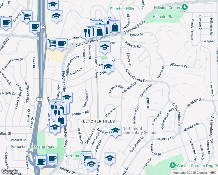 map of restaurants, bars, coffee shops, grocery stores, and more near 2297 Charles Way in El Cajon