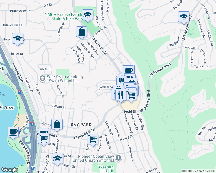 map of restaurants, bars, coffee shops, grocery stores, and more near Jumano Avenue in San Diego
