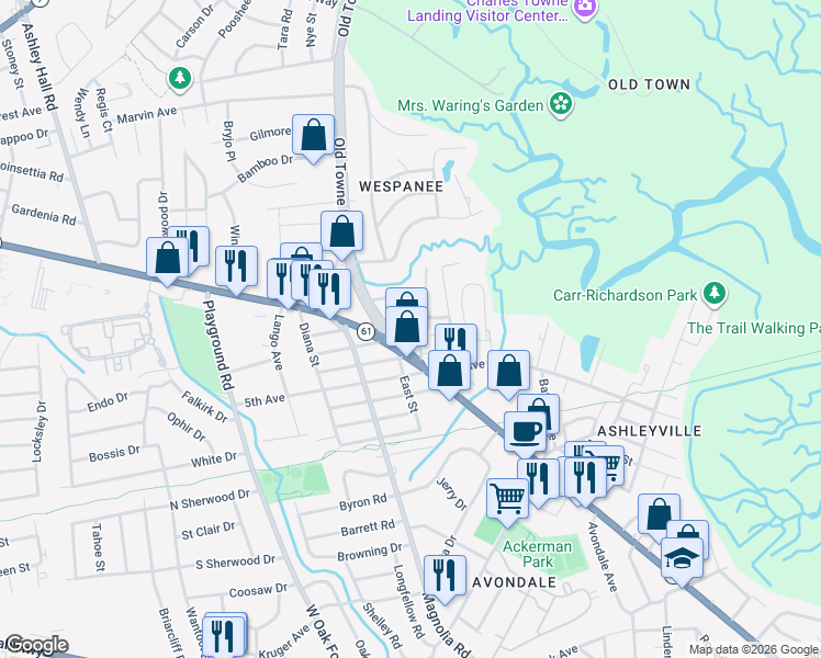 map of restaurants, bars, coffee shops, grocery stores, and more near 1114 Mazyck Street in Charleston