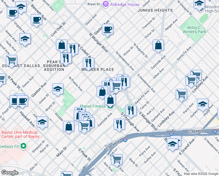 map of restaurants, bars, coffee shops, grocery stores, and more near 4926 Reiger Avenue in Dallas