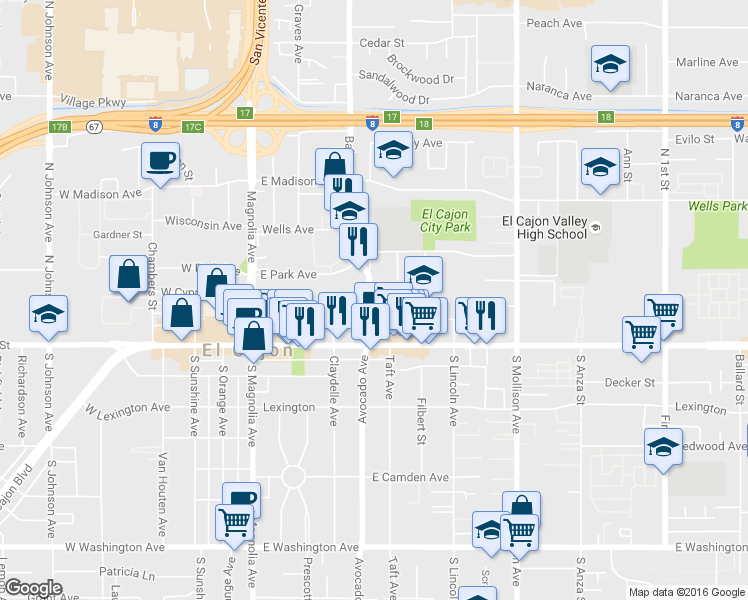 map of restaurants, bars, coffee shops, grocery stores, and more near 163 Ballantyne Street in El Cajon