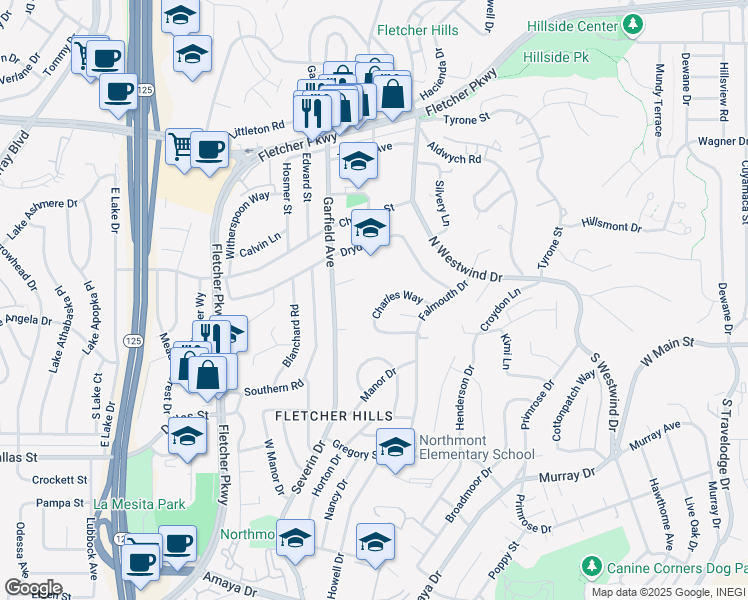 map of restaurants, bars, coffee shops, grocery stores, and more near 2297 Charles Way in El Cajon
