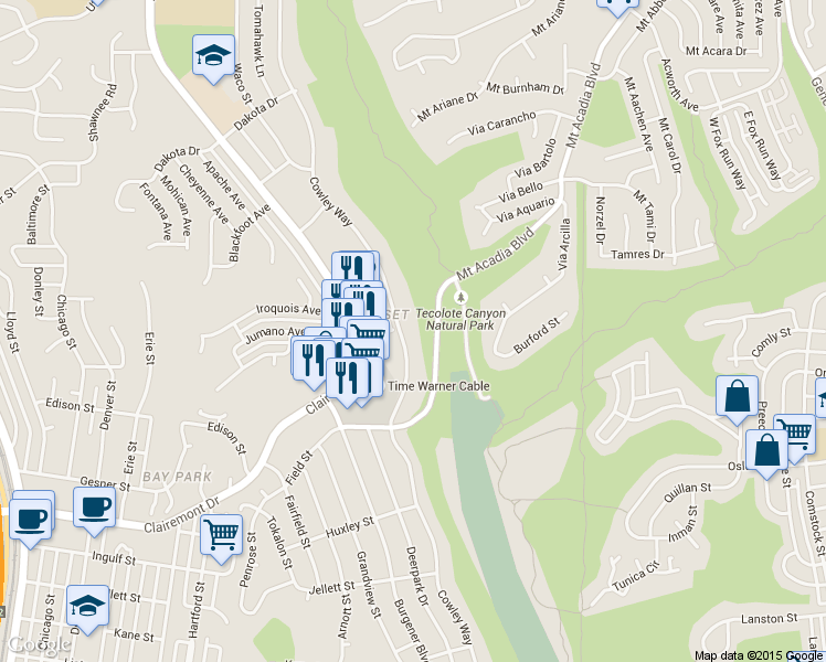 map of restaurants, bars, coffee shops, grocery stores, and more near 2939 Cowley Way in San Diego