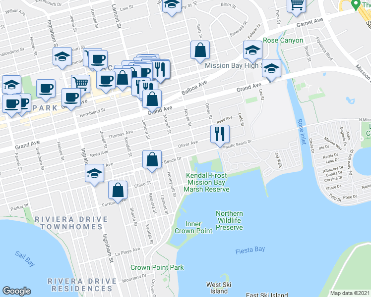 map of restaurants, bars, coffee shops, grocery stores, and more near 4092 Crown Point Drive in San Diego