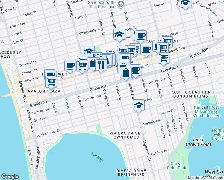 map of restaurants, bars, coffee shops, grocery stores, and more near 1421 Thomas Avenue in San Diego