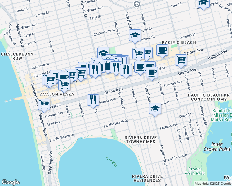 map of restaurants, bars, coffee shops, grocery stores, and more near 1350 Thomas Avenue in San Diego