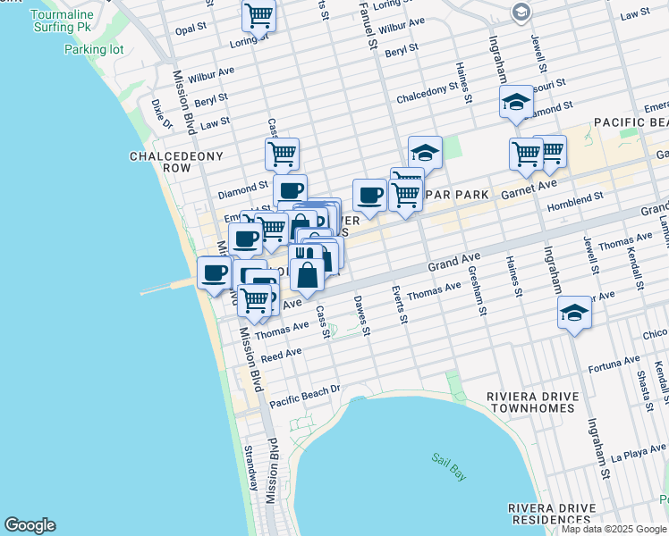 map of restaurants, bars, coffee shops, grocery stores, and more near 1036 Grand Avenue in San Diego