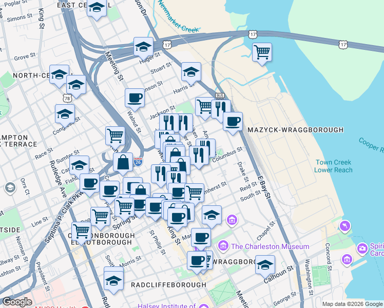map of restaurants, bars, coffee shops, grocery stores, and more near 45 Hanover Street in Charleston
