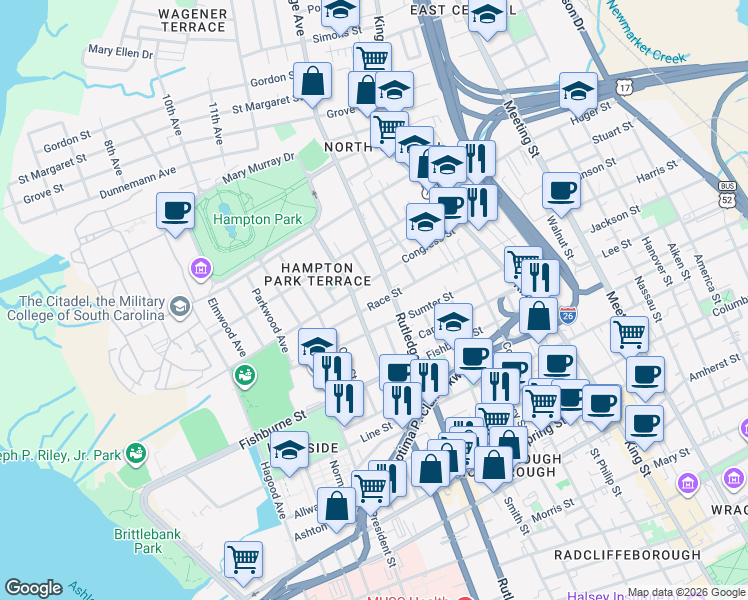 map of restaurants, bars, coffee shops, grocery stores, and more near 346 Ashley Avenue in Charleston