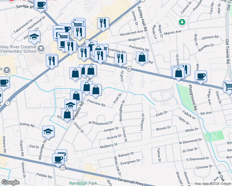 map of restaurants, bars, coffee shops, grocery stores, and more near 16 Pratt Street in Charleston
