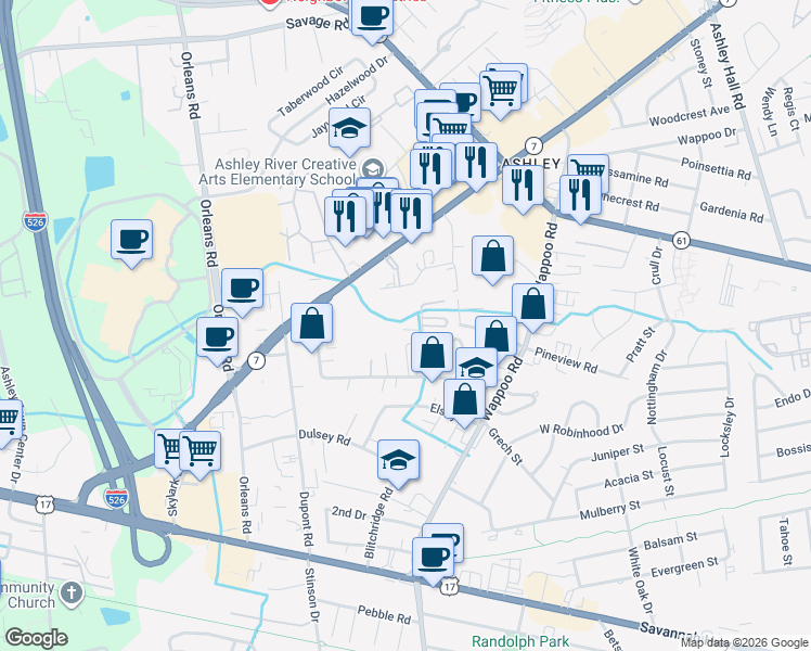 map of restaurants, bars, coffee shops, grocery stores, and more near 1856 Belgrade Avenue in Charleston