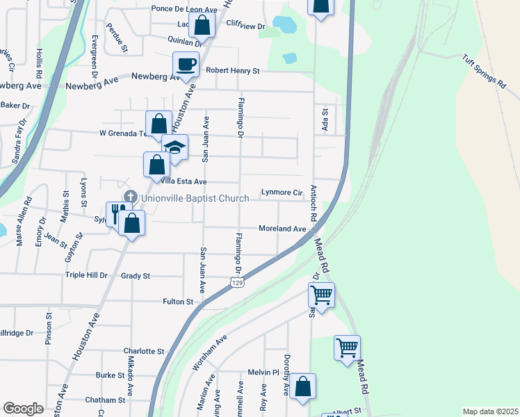 map of restaurants, bars, coffee shops, grocery stores, and more near 577 Moreland Avenue in Macon