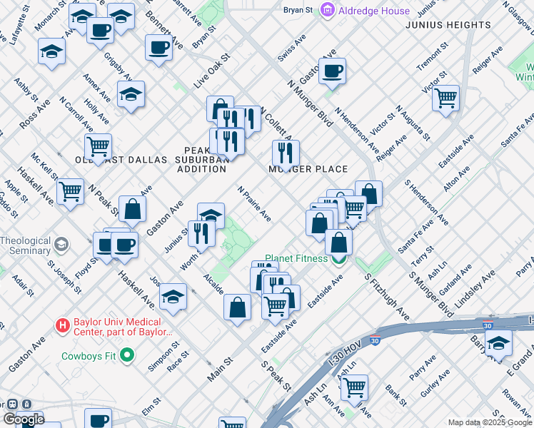 map of restaurants, bars, coffee shops, grocery stores, and more near 4727 Victor Street in Dallas