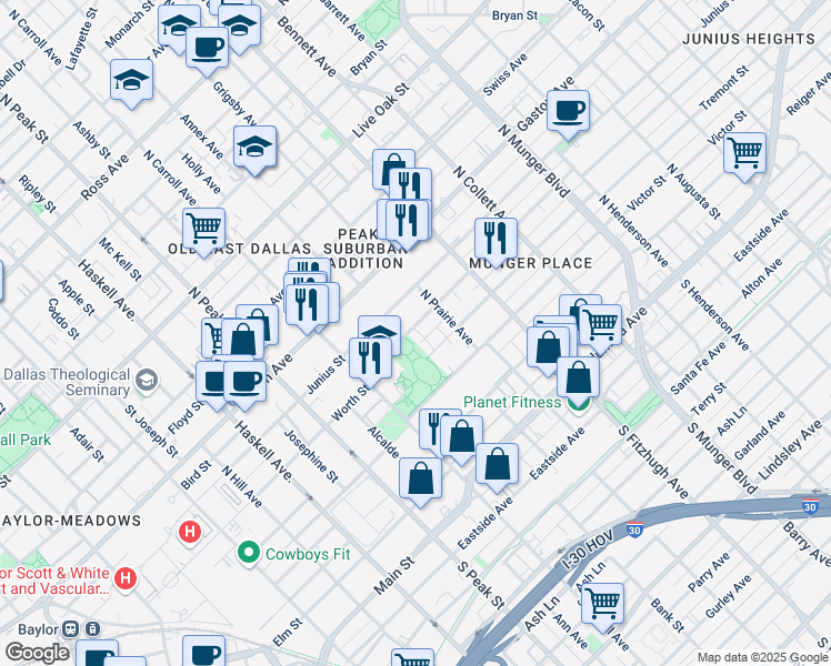 map of restaurants, bars, coffee shops, grocery stores, and more near in Dallas