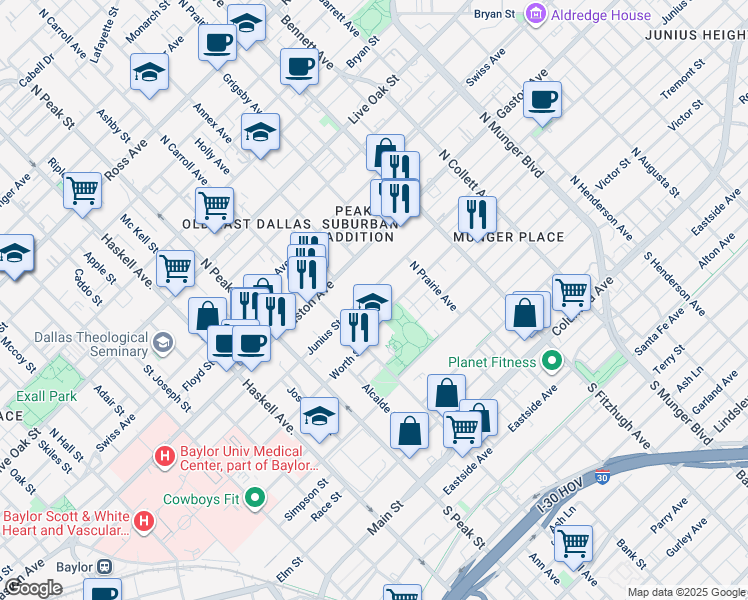 map of restaurants, bars, coffee shops, grocery stores, and more near 4525 Worth Street in Dallas