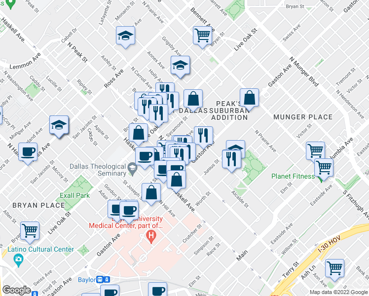 map of restaurants, bars, coffee shops, grocery stores, and more near 918 North Peak Street in Dallas