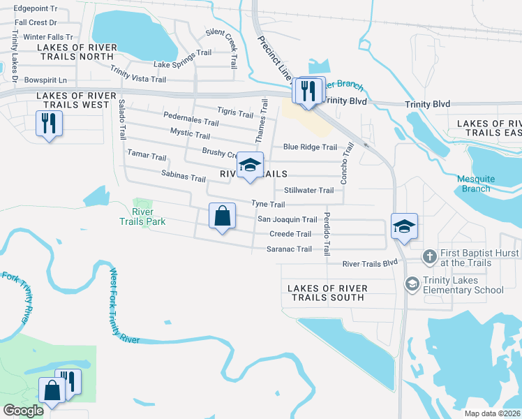 map of restaurants, bars, coffee shops, grocery stores, and more near 8900 San Joaquin Trail in Fort Worth