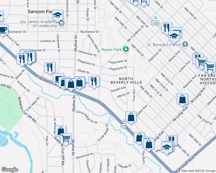 map of restaurants, bars, coffee shops, grocery stores, and more near 4925 Terrace Trail in Fort Worth