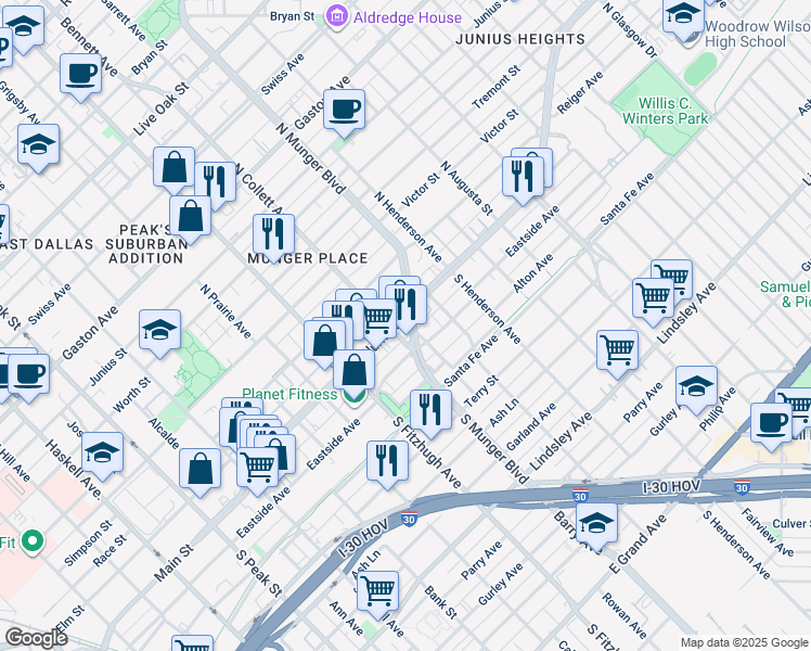 map of restaurants, bars, coffee shops, grocery stores, and more near 4944 Columbia Avenue in Dallas