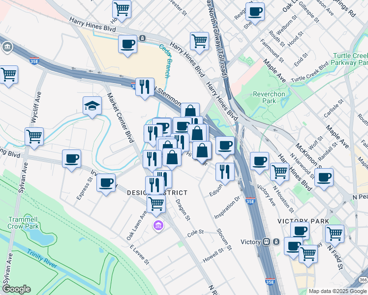 map of restaurants, bars, coffee shops, grocery stores, and more near 1800 Hi Line Drive in Dallas
