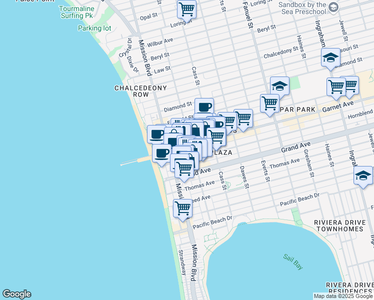 map of restaurants, bars, coffee shops, grocery stores, and more near 898 Hornblend Street in San Diego