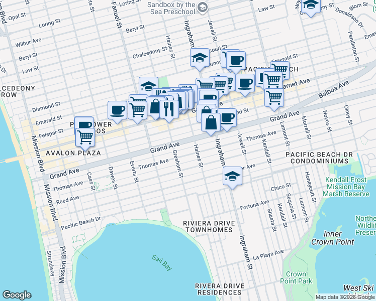 map of restaurants, bars, coffee shops, grocery stores, and more near 1421 Thomas Avenue in San Diego