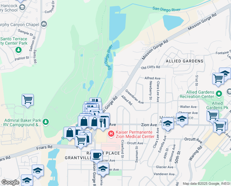 map of restaurants, bars, coffee shops, grocery stores, and more near 6780 Mission Gorge Road in San Diego