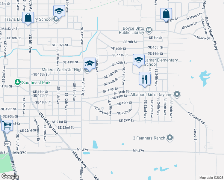 map of restaurants, bars, coffee shops, grocery stores, and more near 1815 Southeast 18th Street in Mineral Wells
