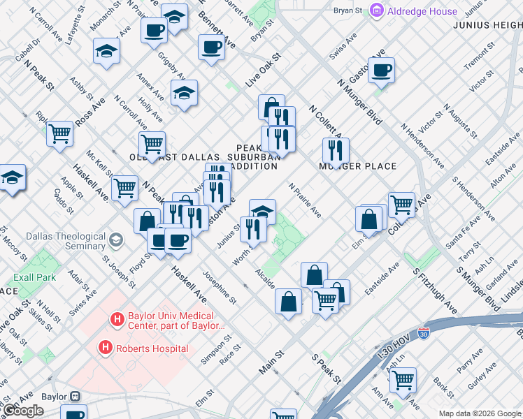 map of restaurants, bars, coffee shops, grocery stores, and more near 4612 Junius Street in Dallas