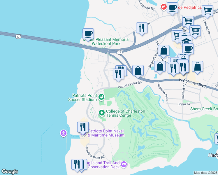 map of restaurants, bars, coffee shops, grocery stores, and more near 198 Patriots Point Road in Mount Pleasant
