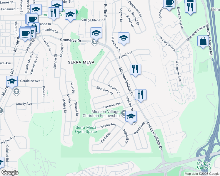 map of restaurants, bars, coffee shops, grocery stores, and more near 2884 Amulet Street in San Diego